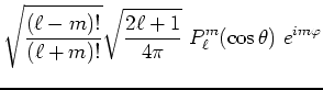 $\displaystyle \sqrt{\frac{(\ell-m)!}{(\ell+m )!}}
\sqrt{\frac{2\ell+1}{4\pi} }
~P^{m}_\ell(\cos\theta)~e^{im\varphi}$